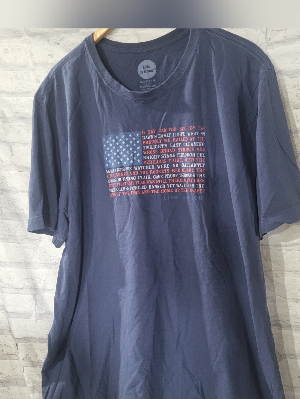 Life Is Good Crusher Tee  Navy Flag Text Graphic Tee